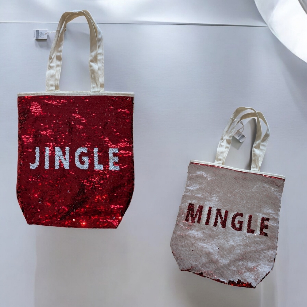 Mud Pie Sequin Reversible Jingle Mingle Canvas Tote. New With Tags!